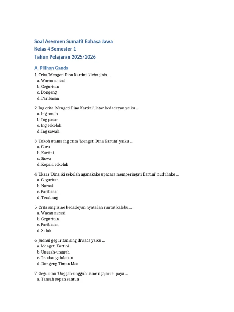 Soal STS Bahasa Jawa Kelas 4 Semester 1 PDF