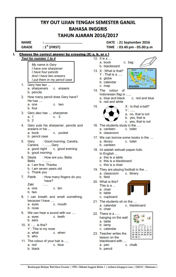 Soal Bahasa Inggris Kelas 1 Semester 1 - Piffle me Soal Bahasa Inggris Kelas 1 Semester 1 - Piffle me