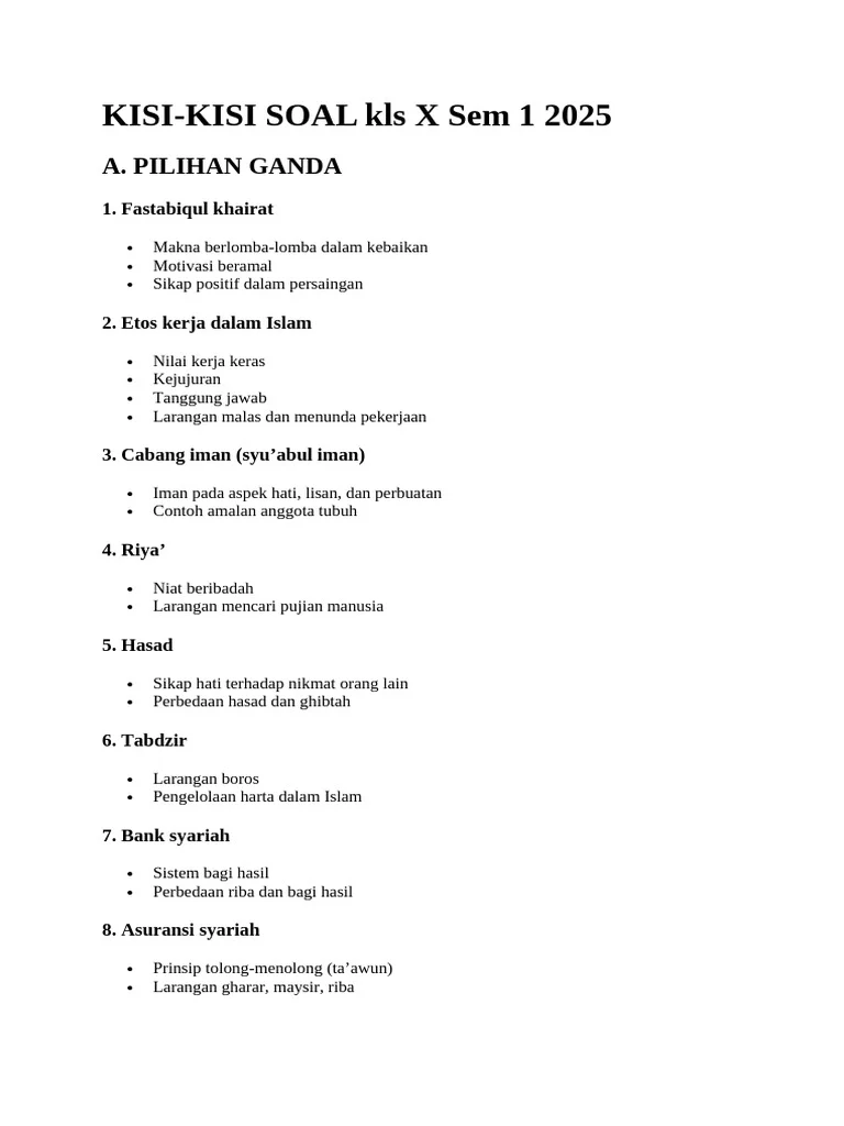 Kisi-Kisi Soal Kelas X Sem 1 2025 PDF