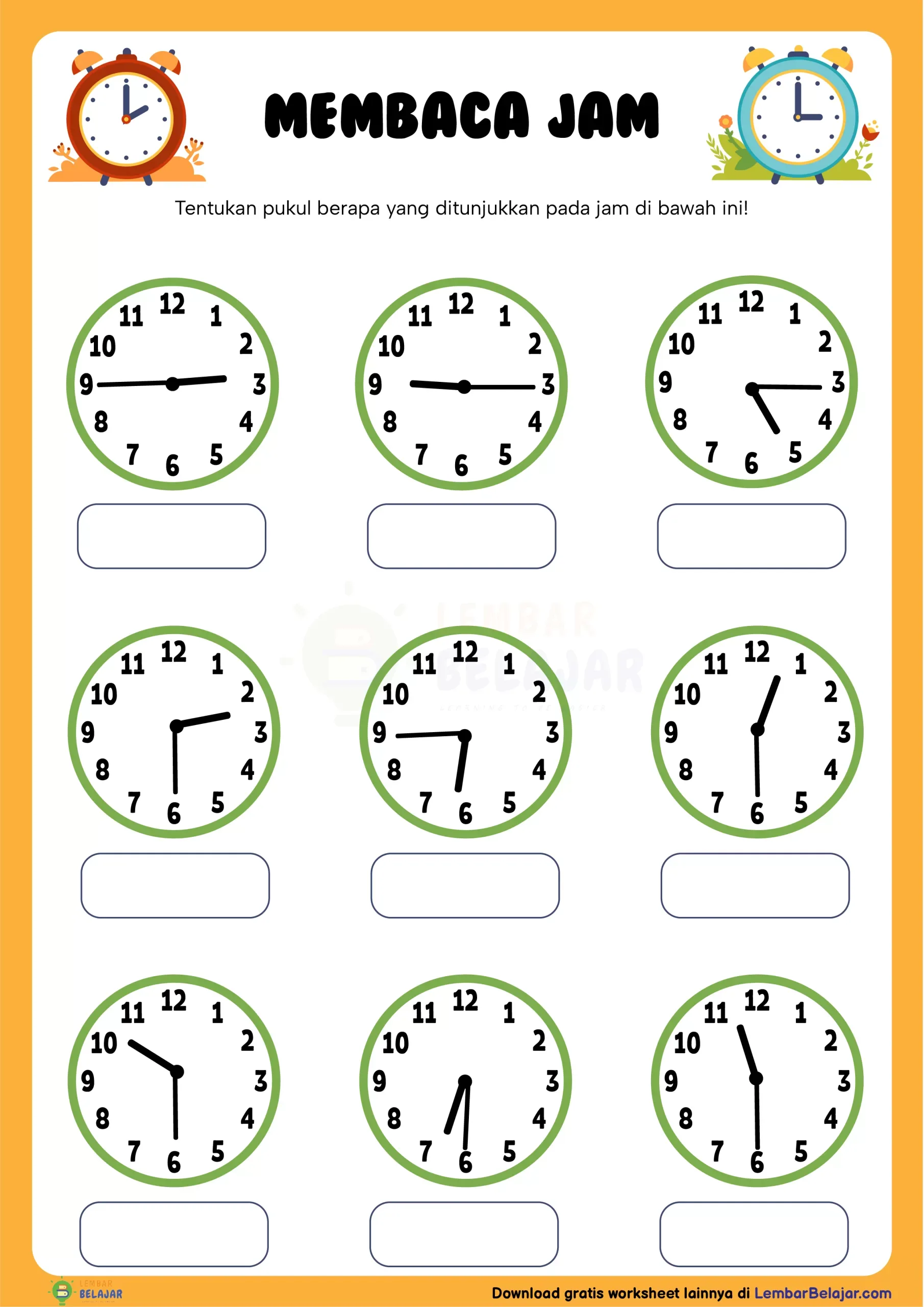 Worksheet Belajar Membaca Jam - Lembar Belajar - Bagian 2 - Lembar