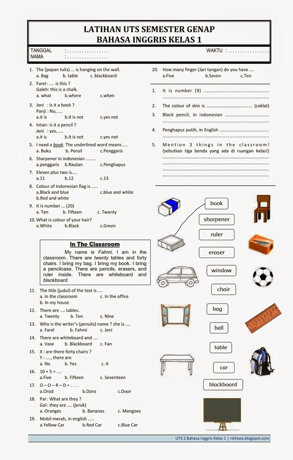 Contoh Soal UTS Bahasa Inggris Kelas 1 SD Contoh Soal UTS Bahasa Inggris Kelas 1 SD