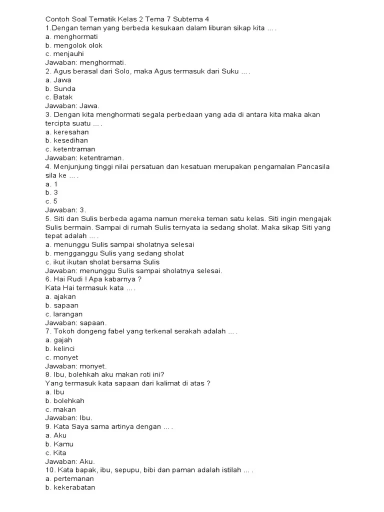 Menyelami Dunia Indah Bermain Contoh Soal Tematik Kelas 2 Tema 2 Subtema 1