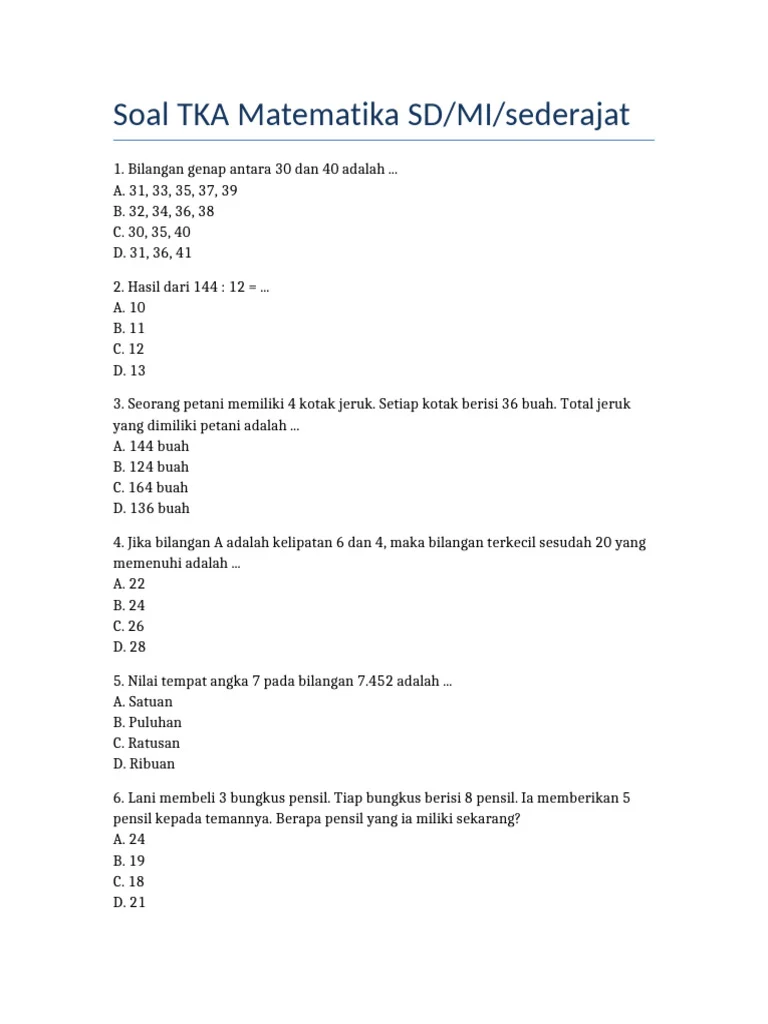 Soal TKA Matematika SD Kelas 6 PDF Soal TKA Matematika SD Kelas 6 PDF