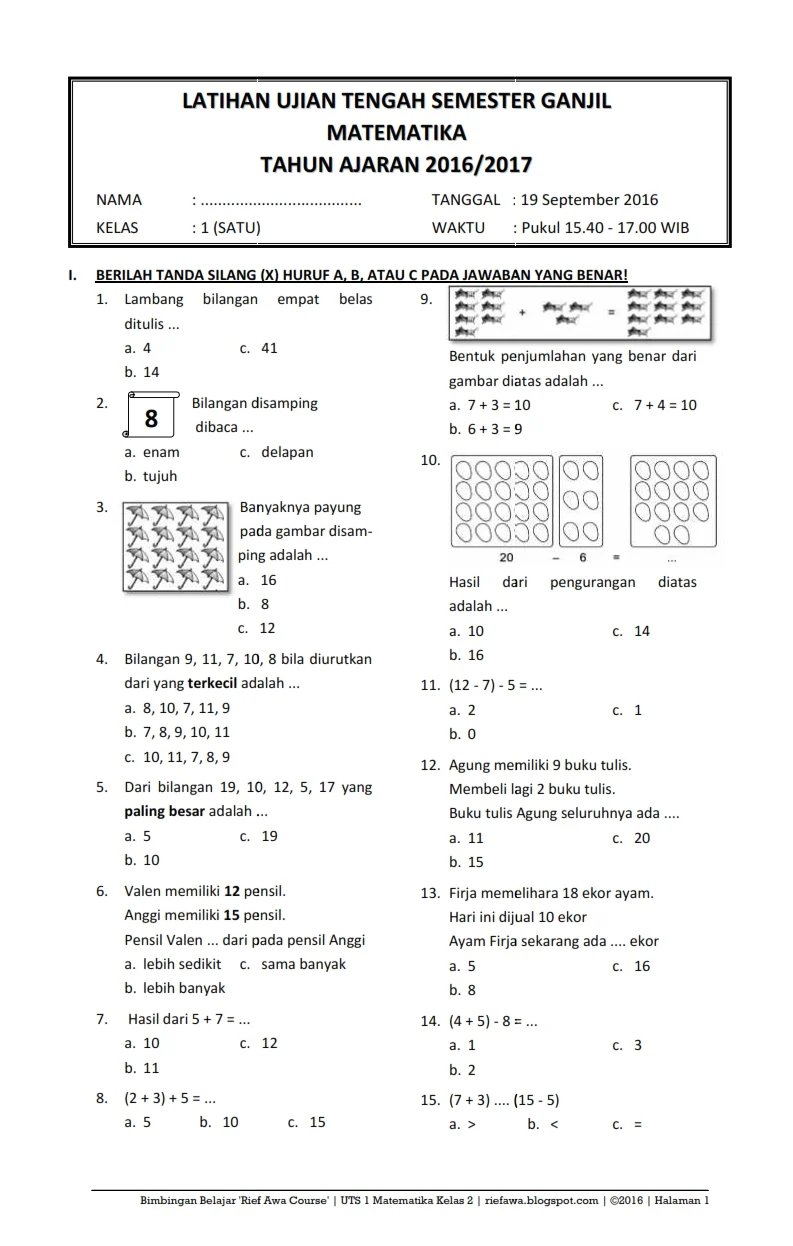 Soal Uts Matematika Kelas 1 Semester 2 - Piffle me
