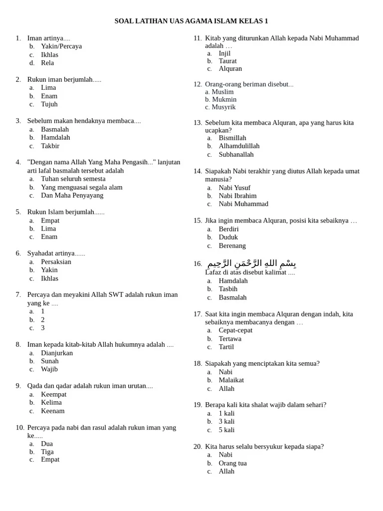 Soal Latihan Uas Agama Islam Kelas 1 PDF