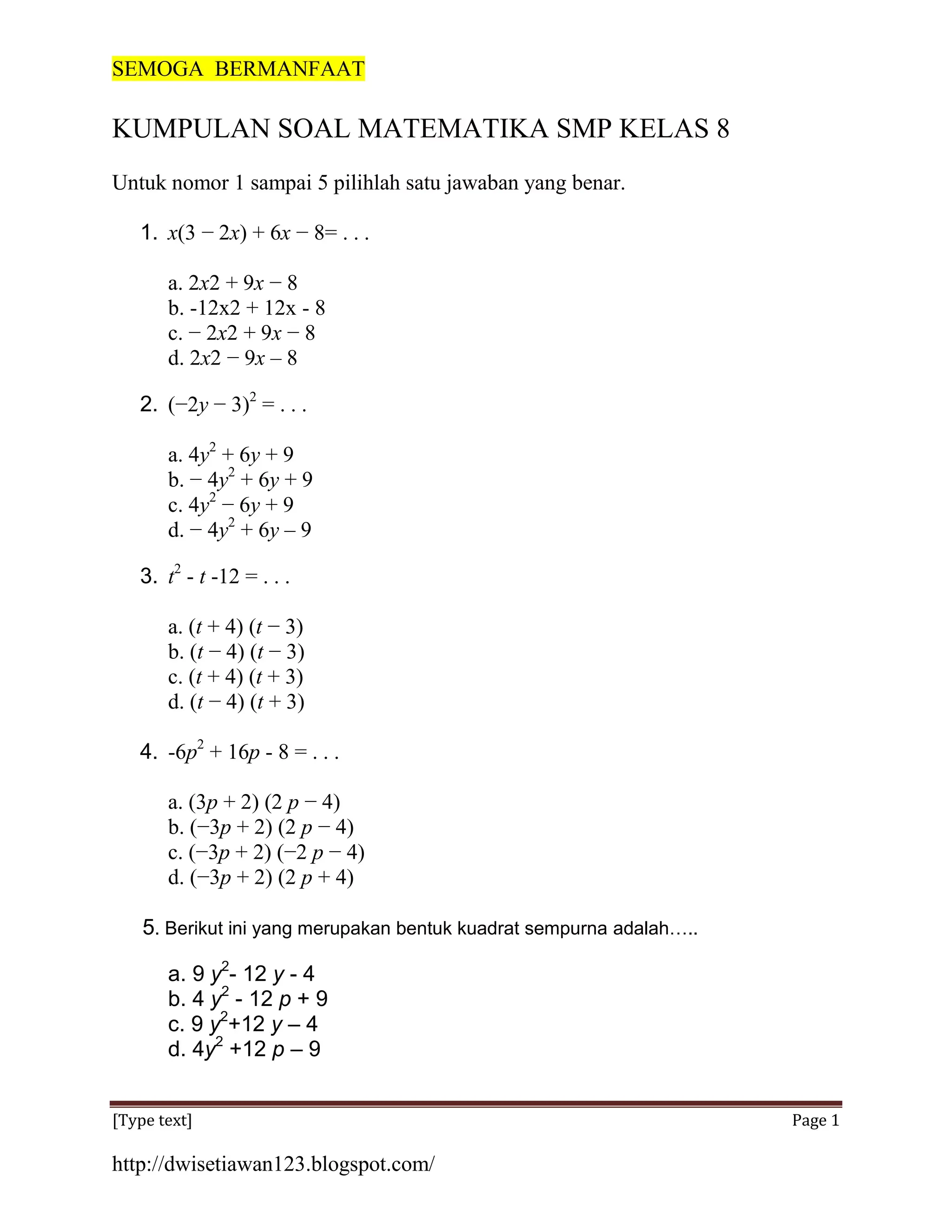 Kumpulan soal matematika smp kelas 8 DOCX Kumpulan soal matematika smp kelas 8 DOCX