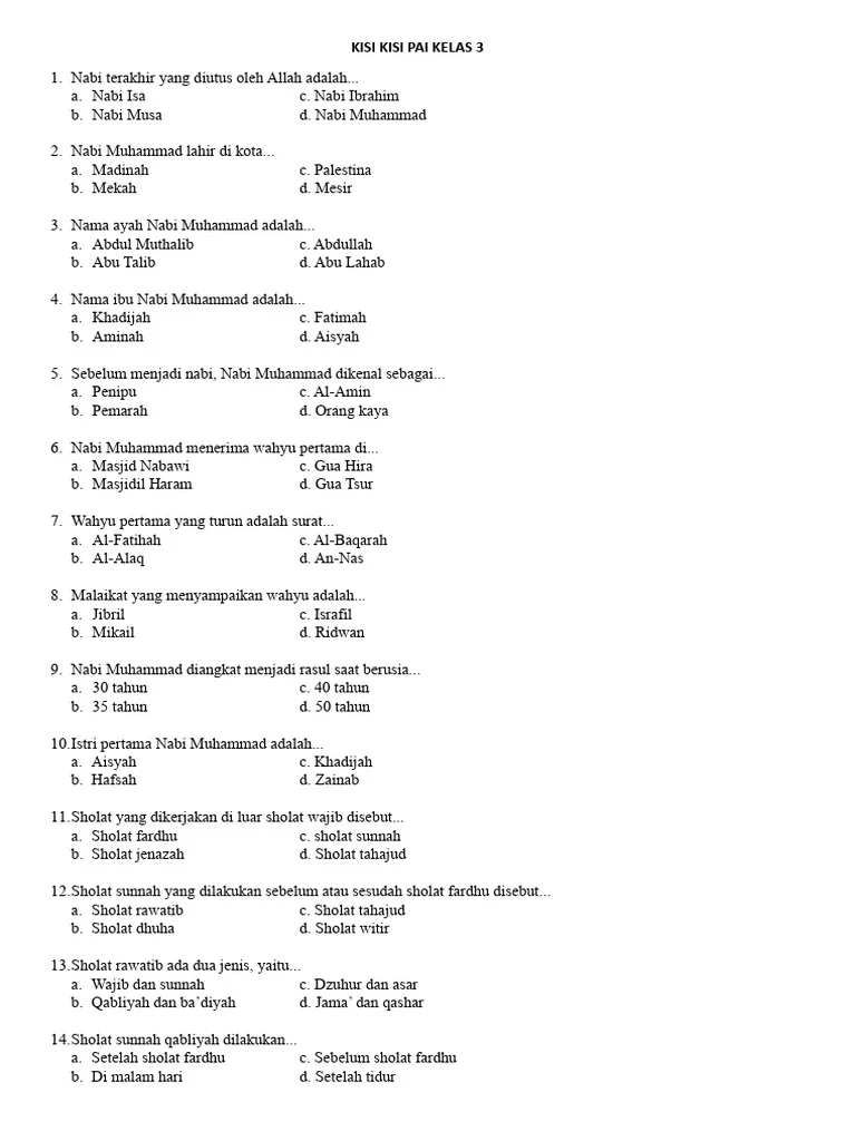 Kisi-Kisi PAI Kelas 3 Nabi dan Sholat PDF Kisi-Kisi PAI Kelas 3 Nabi dan Sholat PDF