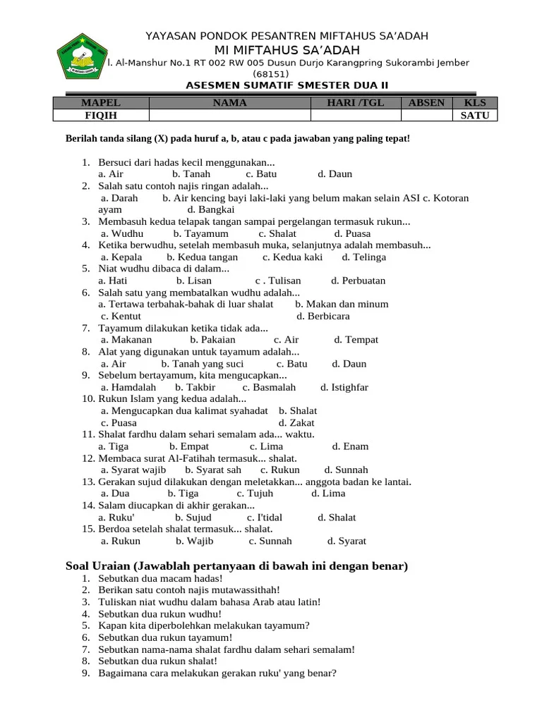 Rahasia Soal Ujian Fiqih Kelas 1 Semester 2 yang Wajib Tahu Sebelum Ujian 2026