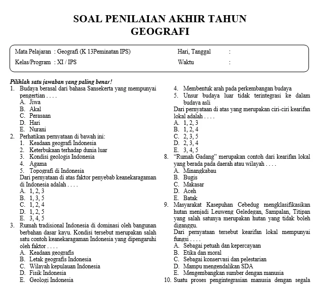 soal geografi kelas 11 semester 1 beserta jawabannya