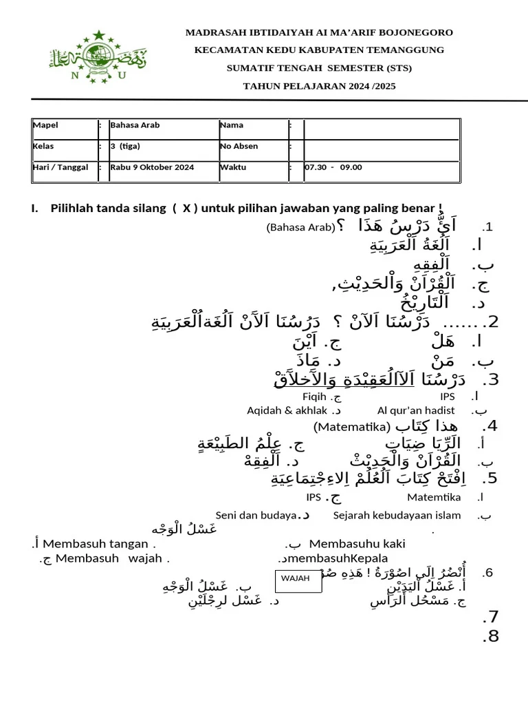 Wajib Tahu Bocoran Soal UAS Bahasa Arab MI Kelas 3 Semester 2 Agar Nilai Sempurna