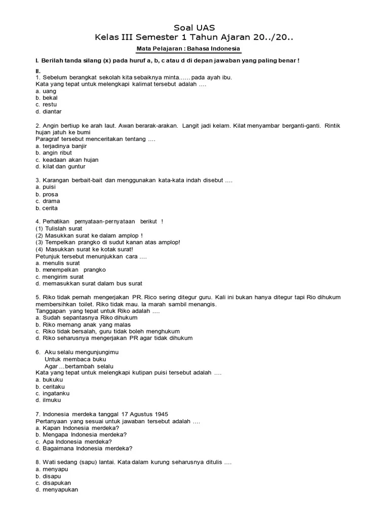 Wajib Tahu! Download Soal UAS Bahasa Indonesia Kelas 3 SD Semester 1 PDF Terbaru